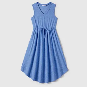 Family Matching Curved Hem Solid Tank Dresses and Colorblock Short-sleeve Polo Shirts Sets #1232123