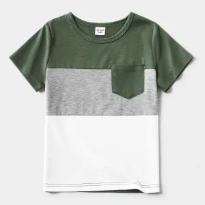 Family Matching Dark Green Swiss Dot Halter Neck Sleeveless Maxi Dresses and Colorblock Short-sleeve T-shirts Sets #768826
