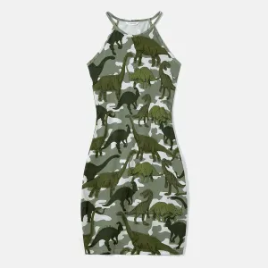 Family Matching Dinosaur Print Camouflage Halterneck Dresses and Short-sleeve T-shirts Sets #1047104