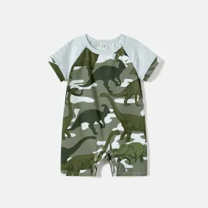 Family Matching Dinosaur Print Camouflage Halterneck Dresses and Short-sleeve T-shirts Sets #1047107