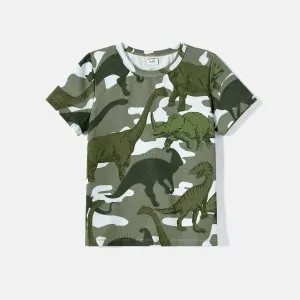Family Matching Dinosaur Print Camouflage Halterneck Dresses and Short-sleeve T-shirts Sets #1047110