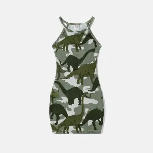 Family Matching Dinosaur Print Camouflage Halterneck Dresses and Short-sleeve T-shirts Sets #1047116