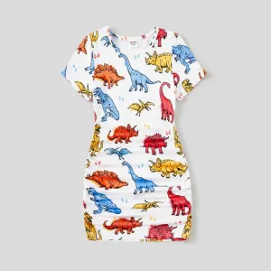 Family Matching Dinosaur Print Drawstring Ruched Side Short-sleeve Bodycon Dresses and Short-sleeve T-shirts Sets #1036804