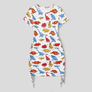 Family Matching Dinosaur Print Drawstring Ruched Side Short-sleeve Bodycon Dresses and Short-sleeve T-shirts Sets #1036808
