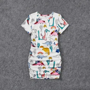 Family Matching Dinosaur Print Drawstring Ruched Side Short-sleeve Dresses and Patch Pocket Short-sleeve T-shirts Sets #927964