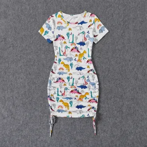 Family Matching Dinosaur Print Drawstring Ruched Side Short-sleeve Dresses and Patch Pocket Short-sleeve T-shirts Sets #927969