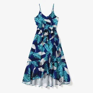 Family Matching Feather and Leaf Pattern Wrap Strap Dress and Beach Shirt Sets #1329993