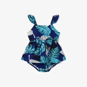 Family Matching Feather and Leaf Pattern Wrap Strap Dress and Beach Shirt Sets #1330002