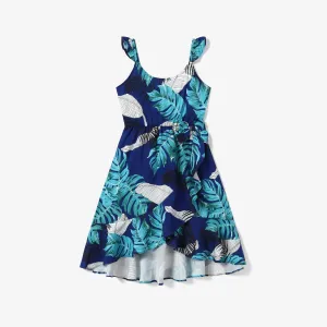 Family Matching Feather and Leaf Pattern Wrap Strap Dress and Beach Shirt Sets #1330006