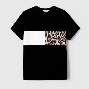 Family Matching Figure Print Leopard Panel Mesh Overlay One-Shoulder Dresses and Colorblock Short-sleeve T-shirts Sets #1051787