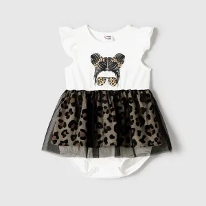 Family Matching Figure Print Leopard Panel Mesh Overlay One-Shoulder Dresses and Colorblock Short-sleeve T-shirts Sets #1051797