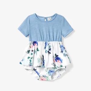 Family Matching Floral Colorblock T-Shirt and Quarter Button Belted Spliced A-Line Dress Sets #1320456