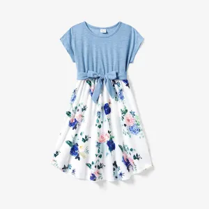 Family Matching Floral Colorblock T-Shirt and Quarter Button Belted Spliced A-Line Dress Sets #1320468