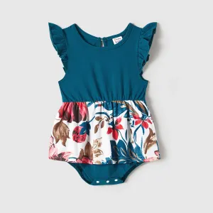 Family Matching Floral Panel Flutter-sleeve Belted Dresses and T-shirts Sets #1054845