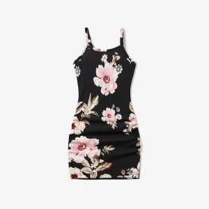 Family Matching Floral Panel Tee and Floral Drawstring Side Bodycon Strap Dress Sets