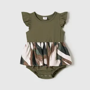 Family Matching Floral Print Belted dresses and Short-Sleeved Color-Block Tops Sets #1062777