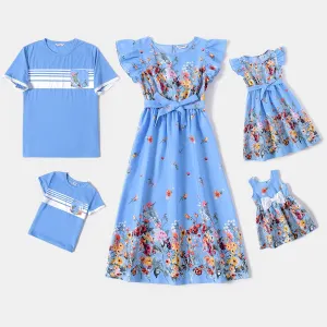 Family Matching Floral Print Ruffle-sleeve Belted Midi Dresses and Striped Short-sleeve T-shirts Sets #769115