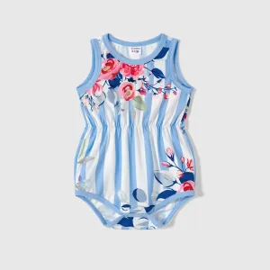 Family Matching Floral Stripe Print Belted Slip Dresses and Striped Color Block T-shirts Sets #1043636