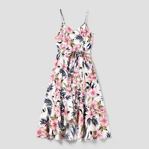 Family Matching Floral Wrap Bottom Strap Dress and Colorblock T-shirt Sets #1318812