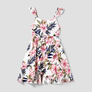Family Matching Floral Wrap Bottom Strap Dress and Colorblock T-shirt Sets #1318817