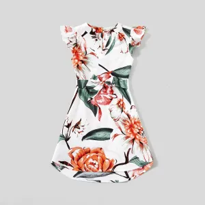 Family  Matching  Flutter-sleeve  Allover Floral Dresses  and  Short-sleeve Spliced T-shirts Sets #1056229
