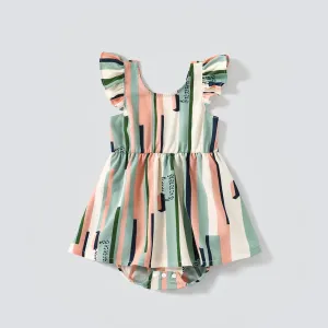 Family Matching Geometric Striped V Neck Drop Shoulder Belted Dresses and Colorblock Short-sleeve T-shirts Sets #769025