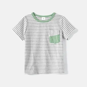 Family Matching Green Halter Neck Sleeveless Drawstring Dresses and Striped Splicing Short-sleeve T-shirts Sets #198130