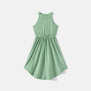 Family Matching Green Halter Neck Sleeveless Drawstring Dresses and Striped Splicing Short-sleeve T-shirts Sets #198135