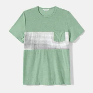 Family Matching Green Halter Neck Sleeveless Drawstring Dresses and Striped Splicing Short-sleeve T-shirts Sets #198145