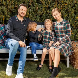 Family Matching Green Plaid A-line Dresses and Contrast Collar Long-sleeve Polo Shirts Sets #210014