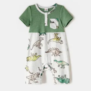 Family Matching Green Rib Knit Spliced Allover Dinosaur Print Dresses and Short-sleeve T-shirts Sets #205431