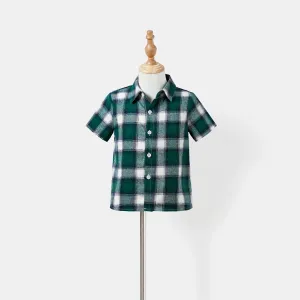Family Matching Green Velvet Ruffle-sleeve Strappy Dresses and Plaid Short-sleeve Shirts Sets #1066730