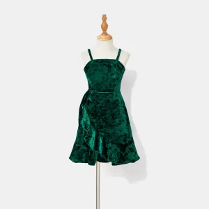 Family Matching Green Velvet Ruffle-sleeve Strappy Dresses and Plaid Short-sleeve Shirts Sets #1066735