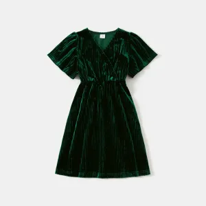 Family Matching Green Velvet Surplice Neck Ruffle-sleeve Dresses and Plaid Shirts Sets #208461