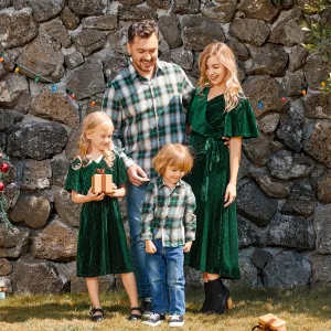 Family Matching Green Velvet Surplice Neck Ruffle-sleeve Dresses and Plaid Shirts Sets #997001