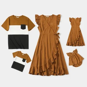 Family Matching Khaki V Neck Sleeveless Ruffle Wrap Dresses and Colorblock Short-sleeve T-shirts Sets #196810