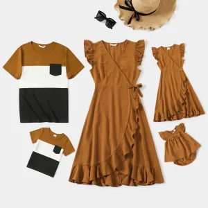 Family Matching Khaki V Neck Sleeveless Ruffle Wrap Dresses and Colorblock Short-sleeve T-shirts Sets #800572