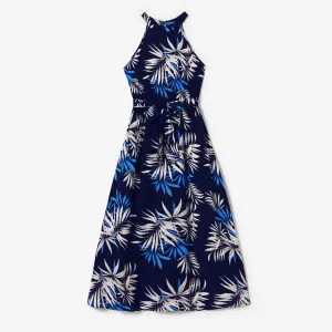 Family Matching Leaf Print Beach Shirt and High Neck Halter A-Line Maxi Dress Sets #1328240
