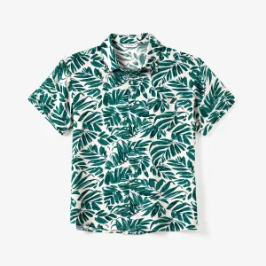 Family Matching Leaf Print Beach Shirt and High Neck Halter Belt Maxi Dress Sets #1327122