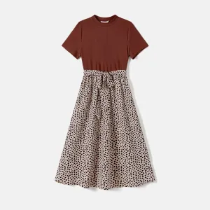 Family Matching Leopard Print Splice Brown Dresses And 94% Cotton Short-sleeve T-shirts Sets #1056926