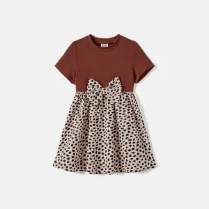 Family Matching Leopard Print Splice Brown Dresses And 94% Cotton Short-sleeve T-shirts Sets #1056933