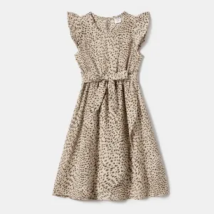 Family Matching Leopard Print Wrap Knot Side Slip Dresses and Short-sleeve Colorblock T-shirts Sets #1064653