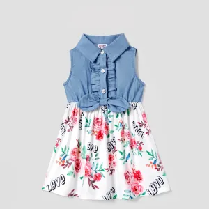 Family Matching Sets Denim Blue Shirts Letter and Floral Print Dresses with Optional Headband #1315808