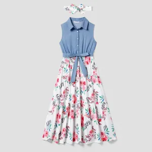Family Matching Letter and Floral Print Splicing Denim Blue Bow Belted Sleeveless Dresses with Headband and Collared T-shirts Set