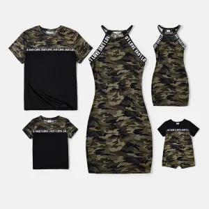 Family Matching Letter Design Camouflage Halter Neck Sleeveless Bodycon Dresses and Cotton Short-sleeve Spliced T-shirts Sets #847645