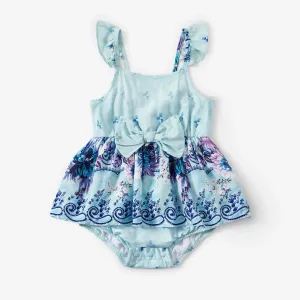 Family Matching Light Blue Tee and Flowy Floral Shirred Back Belted Strap Dress