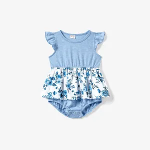 Family Matching Light Blue V Neck Flutter-sleeve Splicing Floral Print Irregular Hem Dresses and Striped T-shirts Sets #768505