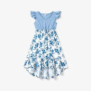 Family Matching Light Blue V Neck Flutter-sleeve Splicing Floral Print Irregular Hem Dresses and Striped T-shirts Sets #768513