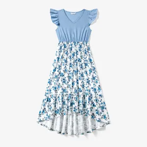 Family Matching Light Blue V Neck Flutter-sleeve Splicing Floral Print Irregular Hem Dresses and Striped T-shirts Sets #768518