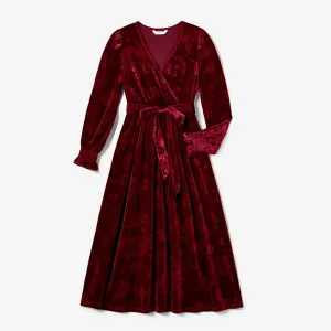 Family Matching Long-sleeve Color-block Stripe Tops and Flora Print Velvet Dresses Sets #1164899